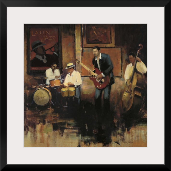 Contemporary painting of a group of jazz musicians playing the bongos, guitar, bass, and drums.