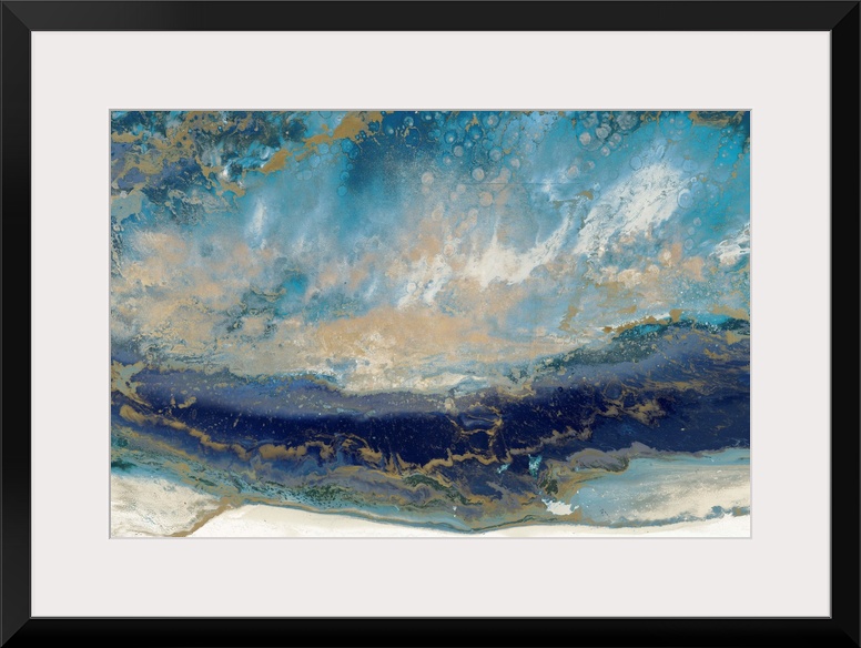 Contemporary abstract artwork in blue and gold, resembling a seascape.