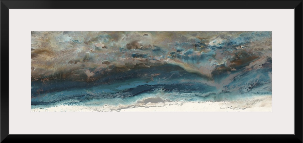 Abstract painting in deep blue and light beige resembling an aerial view of the ocean and shore.