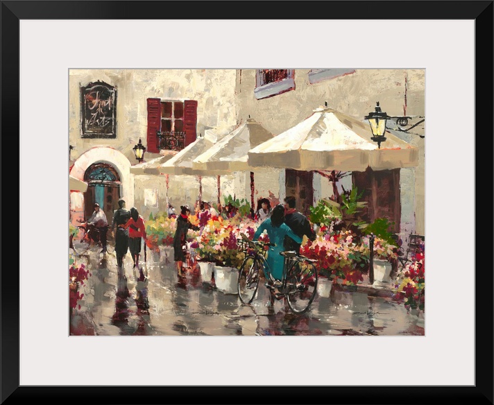 Contemporary painting of people sitting outside at a cafe.