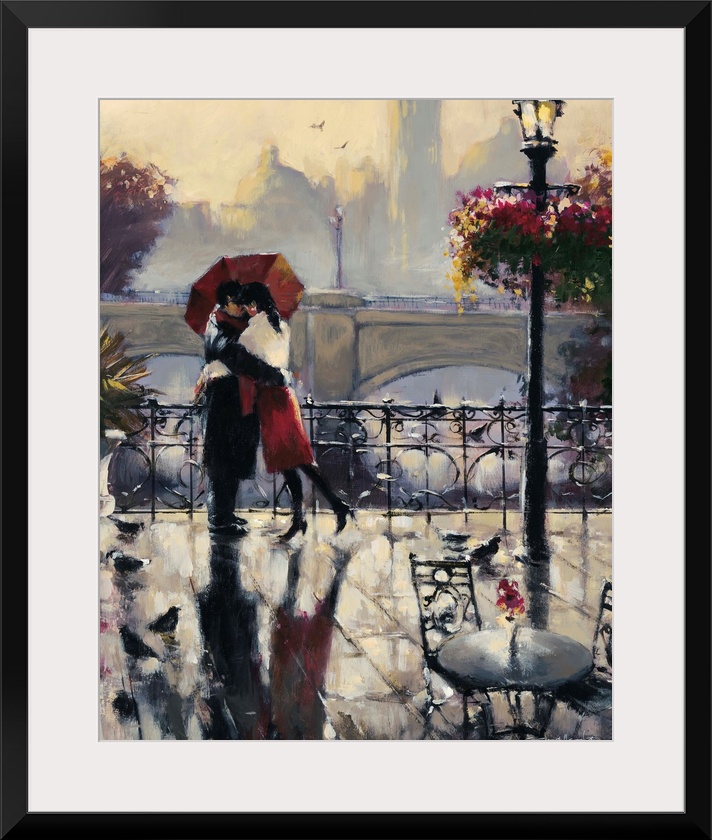 Painting of a couple in a loving embrace standing under an umbrella in the rain.