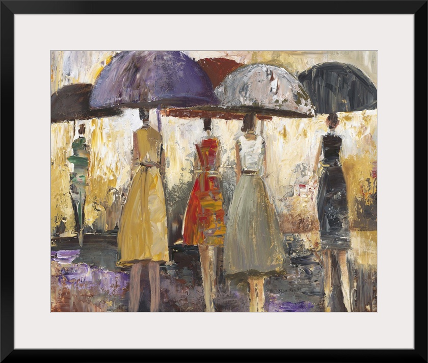 Contemporary painting of people walking with umbrellas through rain.