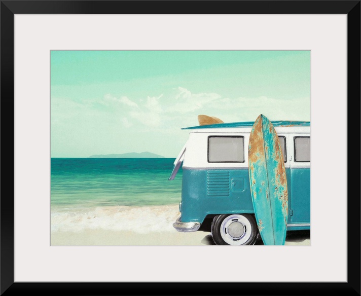 Beach themed decor with an illustration of a white and blue vintage VW van with a surf board leaning up against it on the ...