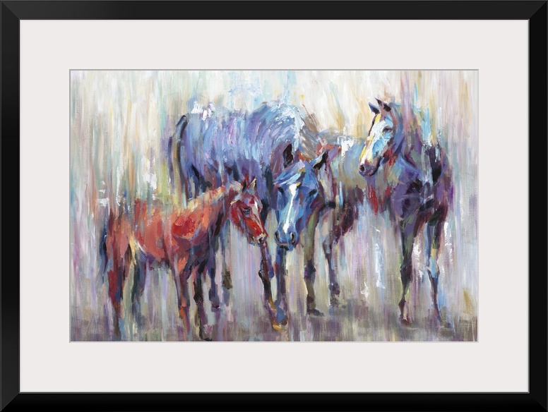 Home decor artwork of two adult multi-colored horses with a small brown one.