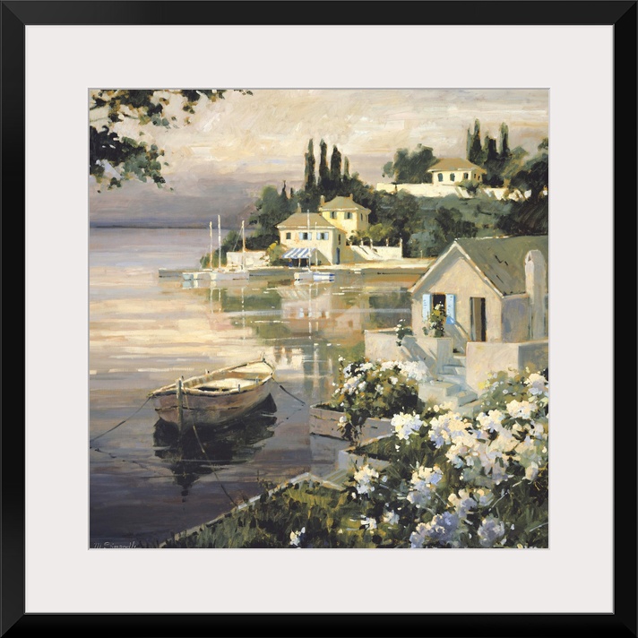Contemporary painting of a small village harbor, with a white rowboat anchored near the shore.