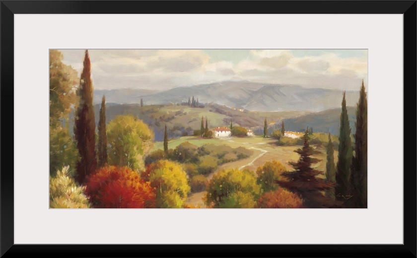 Contemporary painting of a wide view of the Tuscan country side with rolling hills and a villa.
