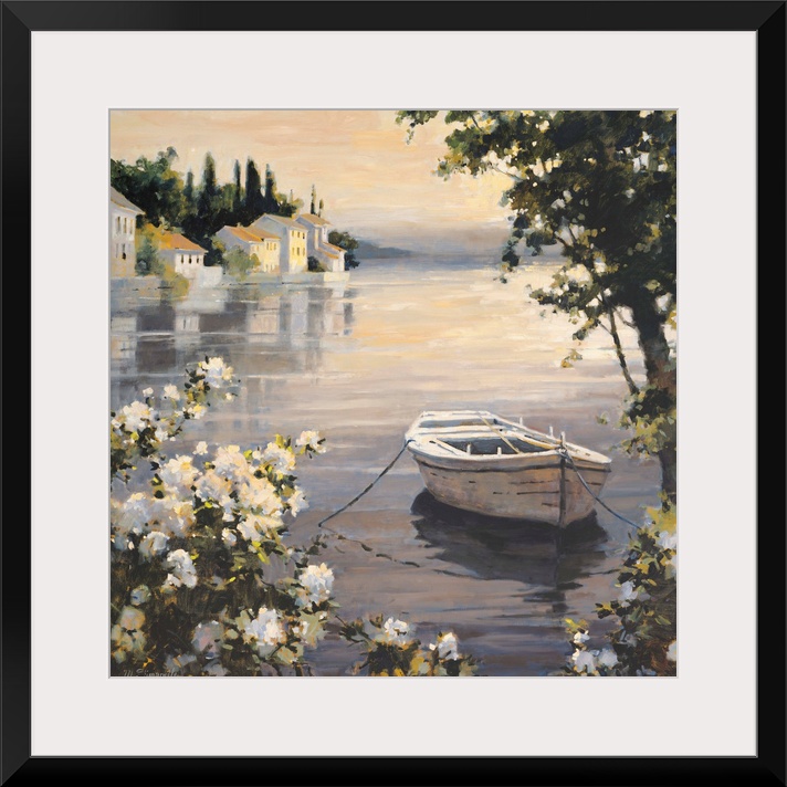 Contemporary painting of a small village harbor, with a white rowboat anchored near the shore.