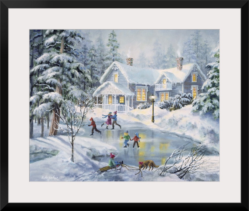 Contemporary artwork of children skating on a frozen pond in front of a house after a snowfall.