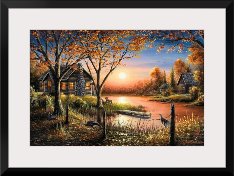 An idyllic painting of a cottage in a serene wilderness setting.