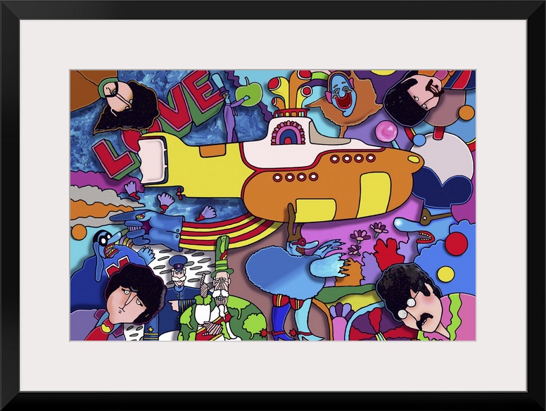 Contemporary artwork of a yellow submarine surrounded by bright colors and musical artists.