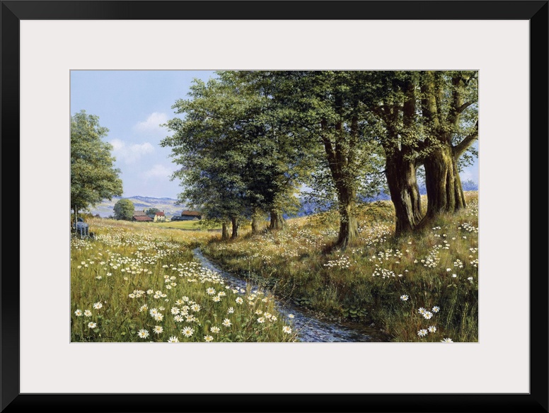 Contemporary painting of a rural countryside landscape.