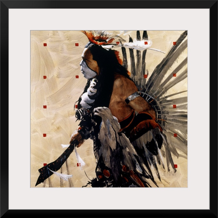 Contemporary western theme painting of a Native American in traditional and ceremonial dress.