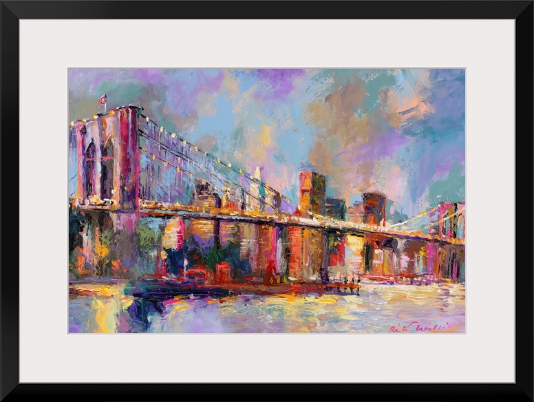 Colorful abstract painting of the Brooklyn Bridge and the NYC skyline in the distance.