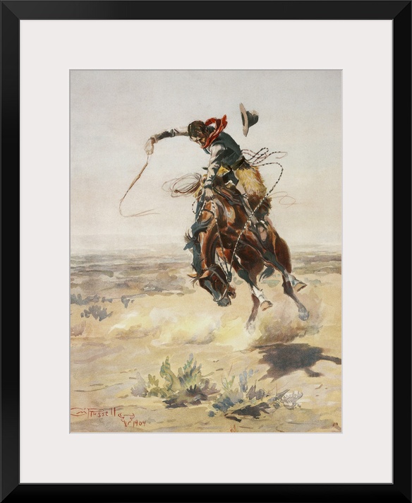 Vintage illustration of a cowboy riding his horse in a desert landscape.