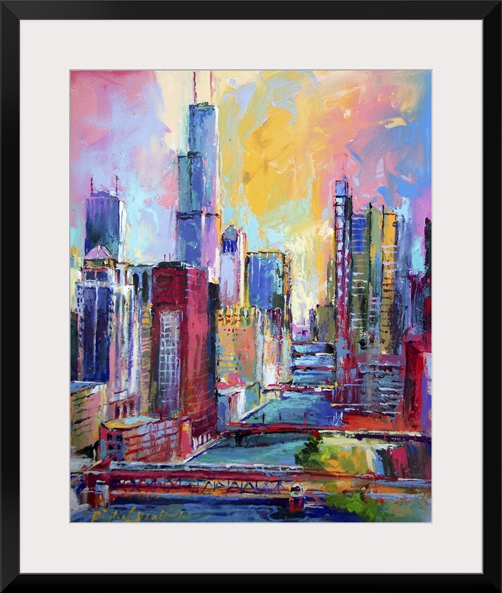 Contemporary colorful painting of an urban skyline.