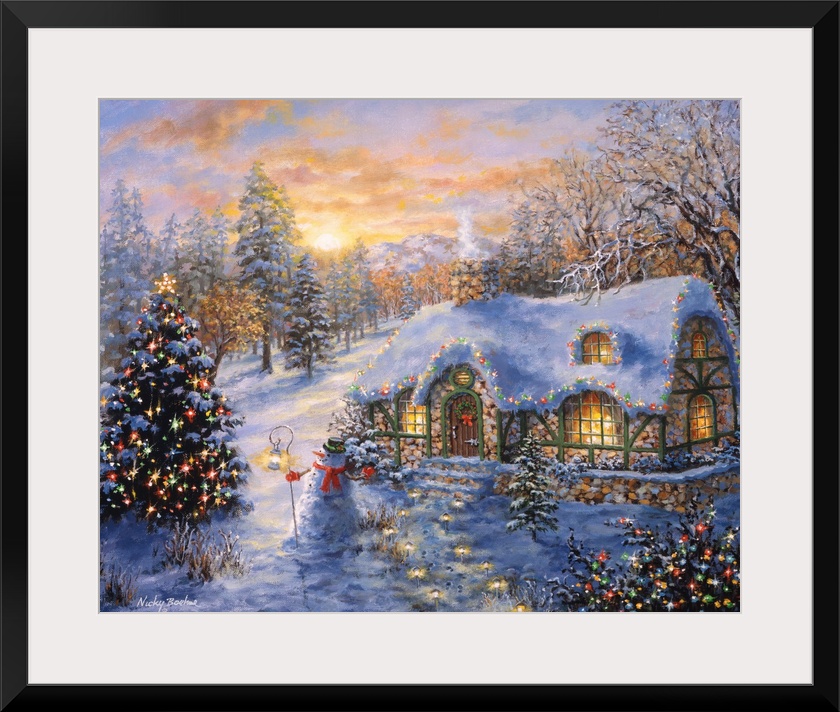 Painting of village scene featuring a large Christmas tree. Product is a painting reproduction only, and does not contain ...