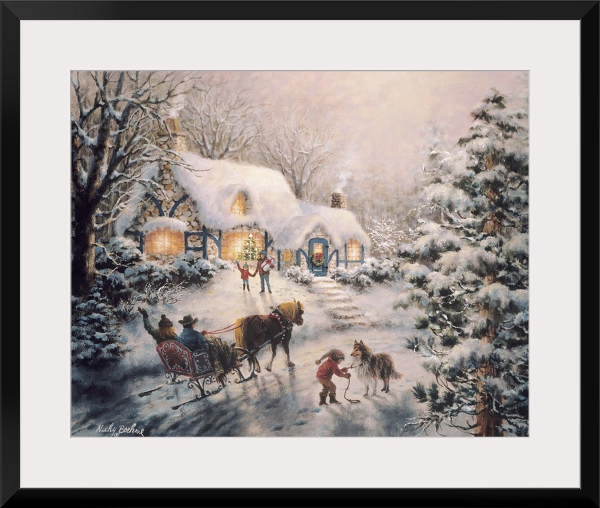 Painting of a snow-covered cottage with a horse-drawn sleigh outside. Product is a painting reproduction only, and does no...