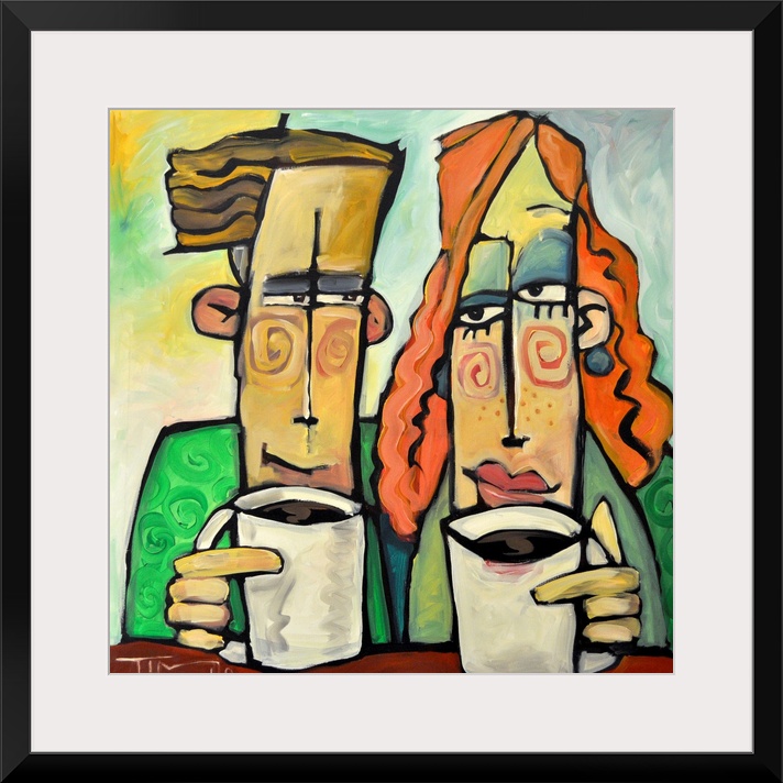 Square painting of two cartoon like figures enjoying mugs of coffee.