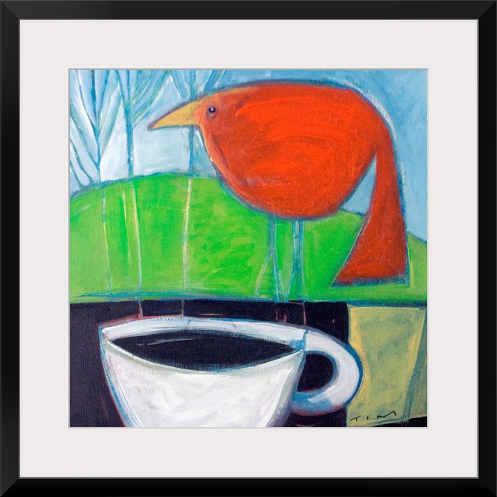 Square artwork on large canvas of a big red bird perching on a ledge in front of a hillside.  A large cup of coffee sits o...