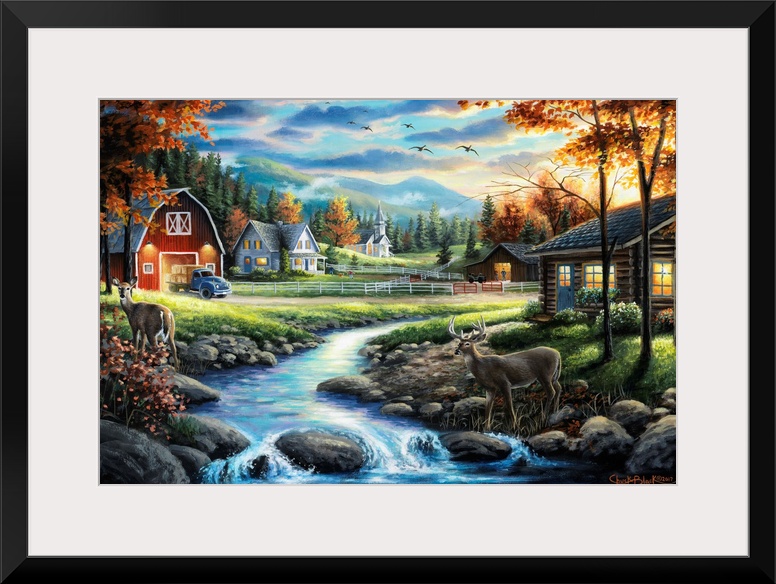 Contemporary painting of a countryside with two deer crossing a creek.