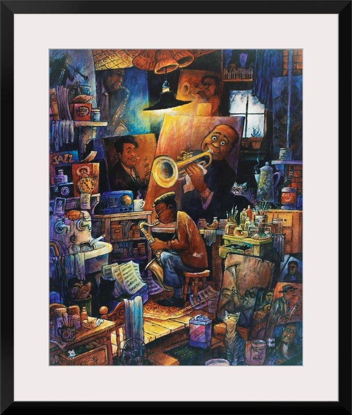 Man with sax plays in front of a painting of Louis Armstrong.