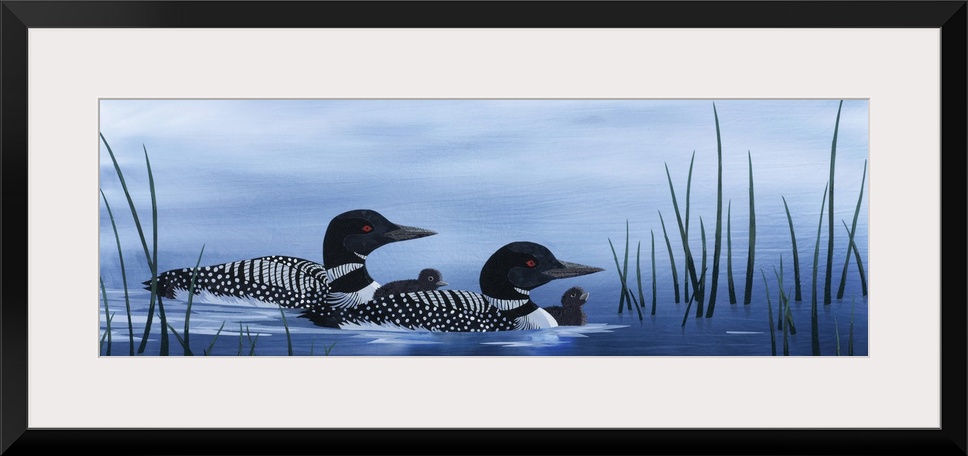 Painting of a loon family floating along in the water.