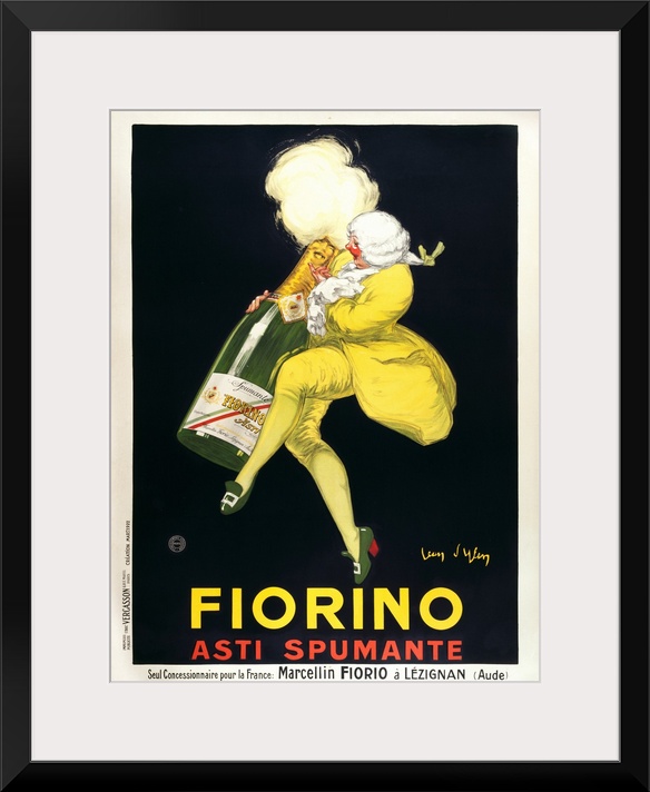 Vintage poster of a man as he hugs and dances with a life size bottle of wine.