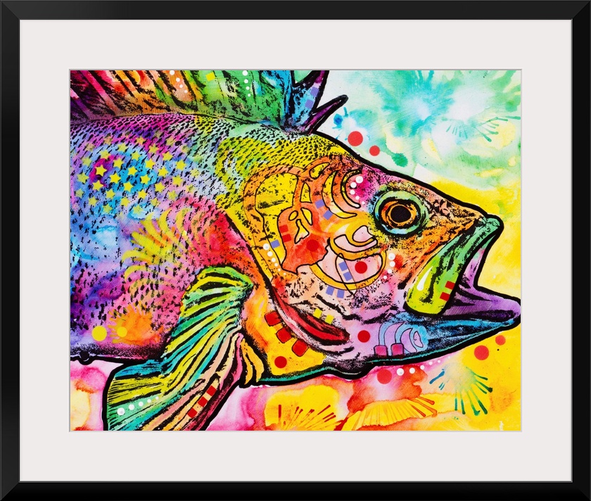 Vibrant painting of a fish with abstract designs and its mouth wide open.