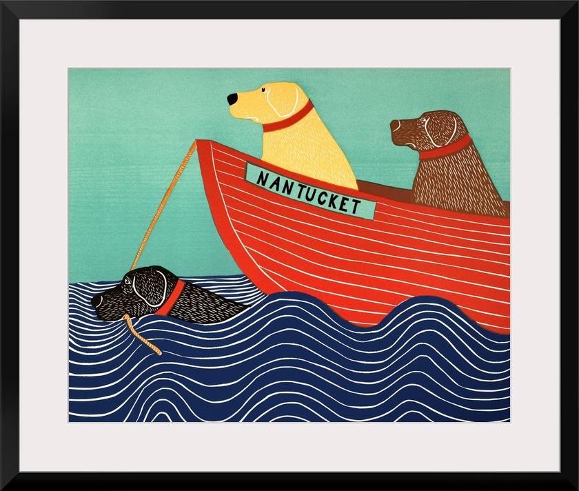 Illustration of a black lab in the ocean pulling a yellow and chocolate lab in a red boat titled "Nantucket"