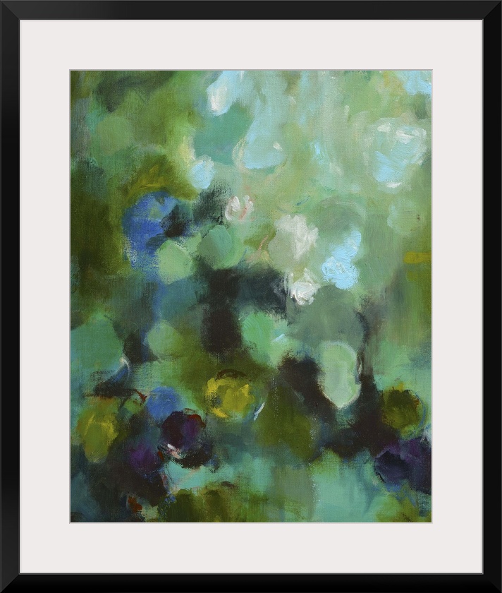 Aqua toned abstract painting, reminiscent of a pond or garden.