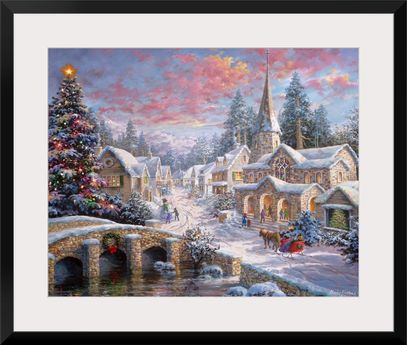 Painting of village scene featuring a large Christmas tree. Product is a painting reproduction only, and does not contain ...