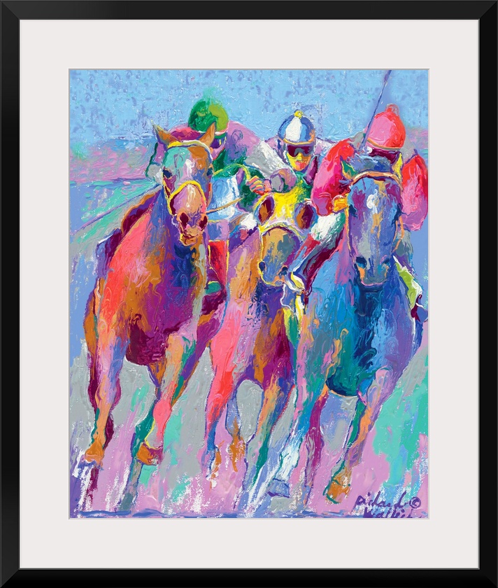 Colorful painting of jockeys racing horses.