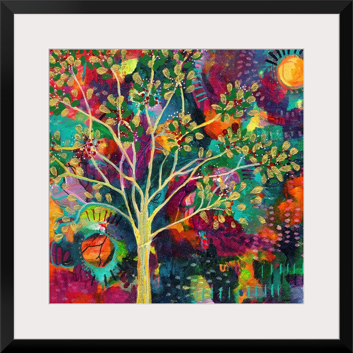 Abstract painting of a golden tree on a busy, colorful, square background with a sun on each side.