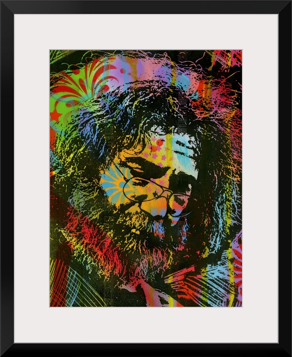 Busy illustration of Jerry Garcia with a colorful graffiti style overlay.