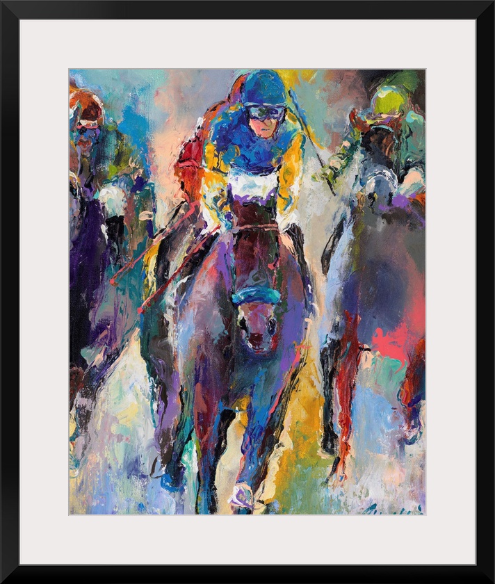Colorful abstract painting of jockeys on horseback.