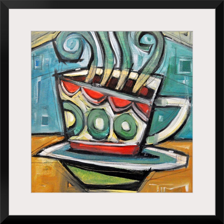 Modern artwork of a coffe cup sitting on a table with steam from the hot coffee pouring out of the top of the cup. Cool to...