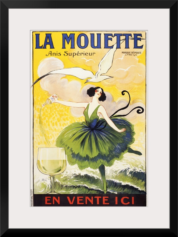 Big canvas painting of a woman in a green ballerina outfit pouring wine into a glass.