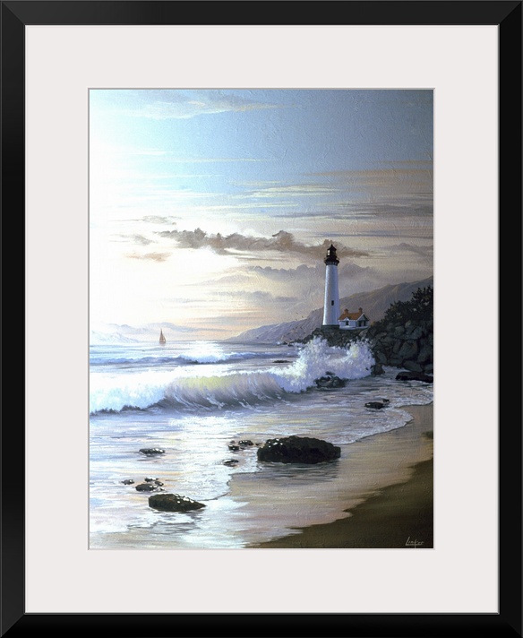 Contemporary painting of waves crashing on the coastline at twilight, with a lighthouse in the distance.