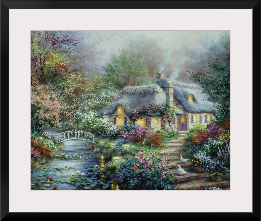 Painting of a thatched cottage next to a stream. Product is a painting reproduction only, and does not contain actual lights.