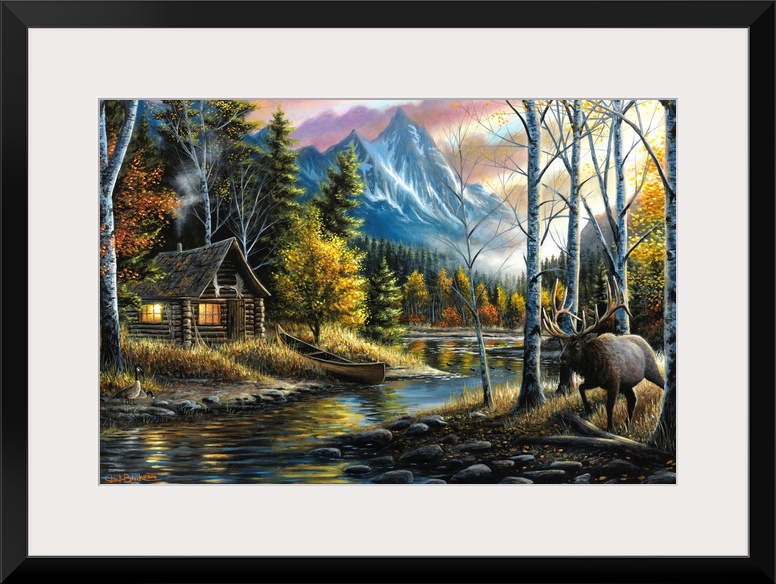 Contemporary landscape painting of a cabin next to a river in the woods with an elk walking by.