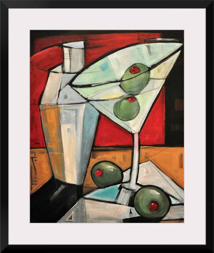 Large, portrait, contemporary painting of a martini in a glass with two olives in it and two olives sitting at the base of...