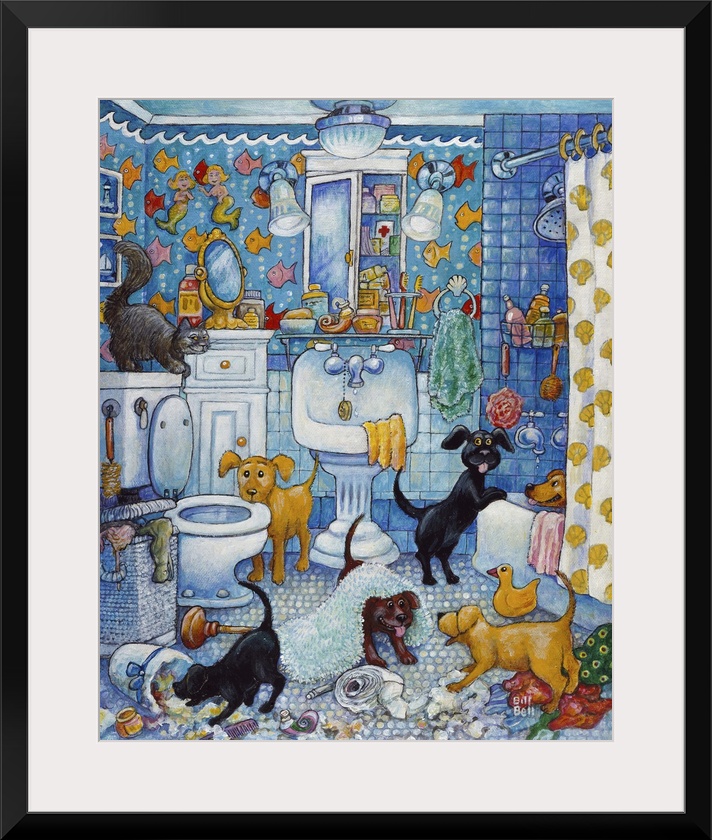 A group of dogs (puppies) in the bathroom.