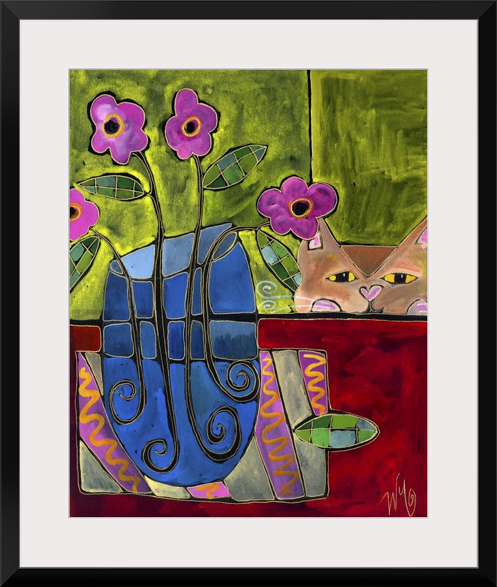 A cat looking at a blue vase of flowers on a table.