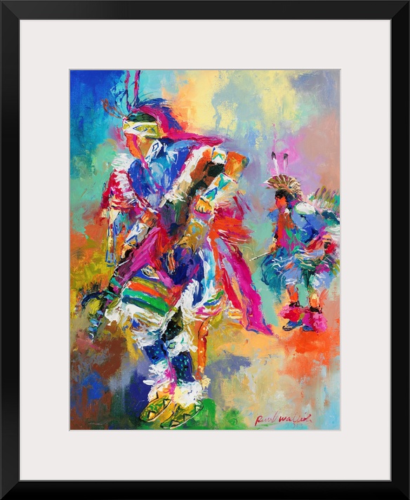 Colorful abstract painting of two Native American chiefs dancing at a pow wow.