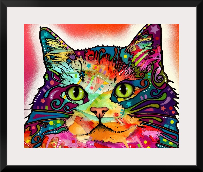 Large illustration displays the head of a cat that has been decorated in a variety of extremely vibrant cool and warm tone...