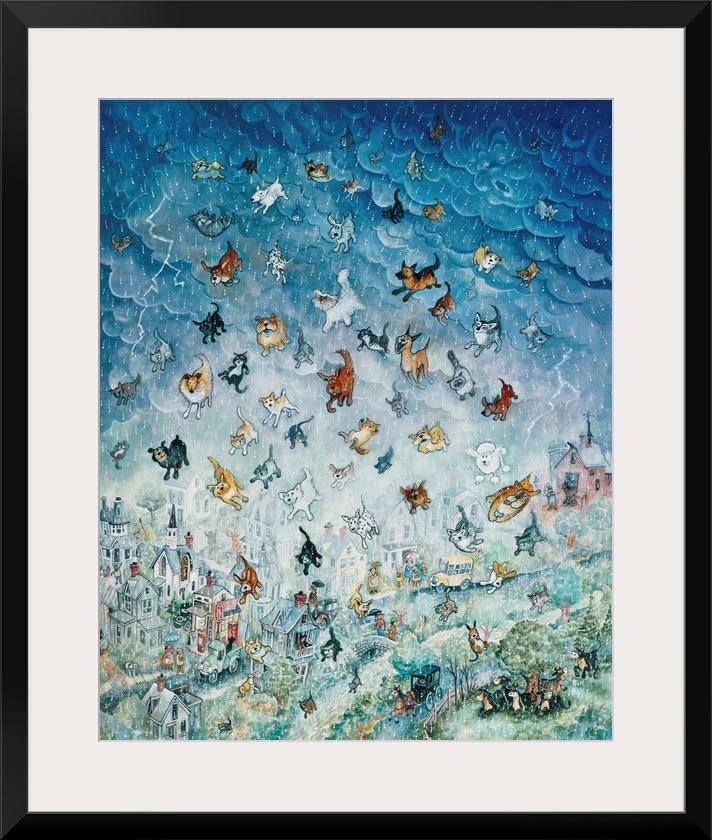 A painting of the sky raining cats and dogs.
