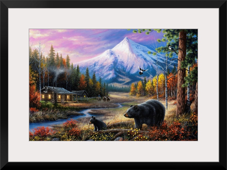 Contemporary landscape painting of a cabin the the woods with mountains in the background and two black bears in the foreg...