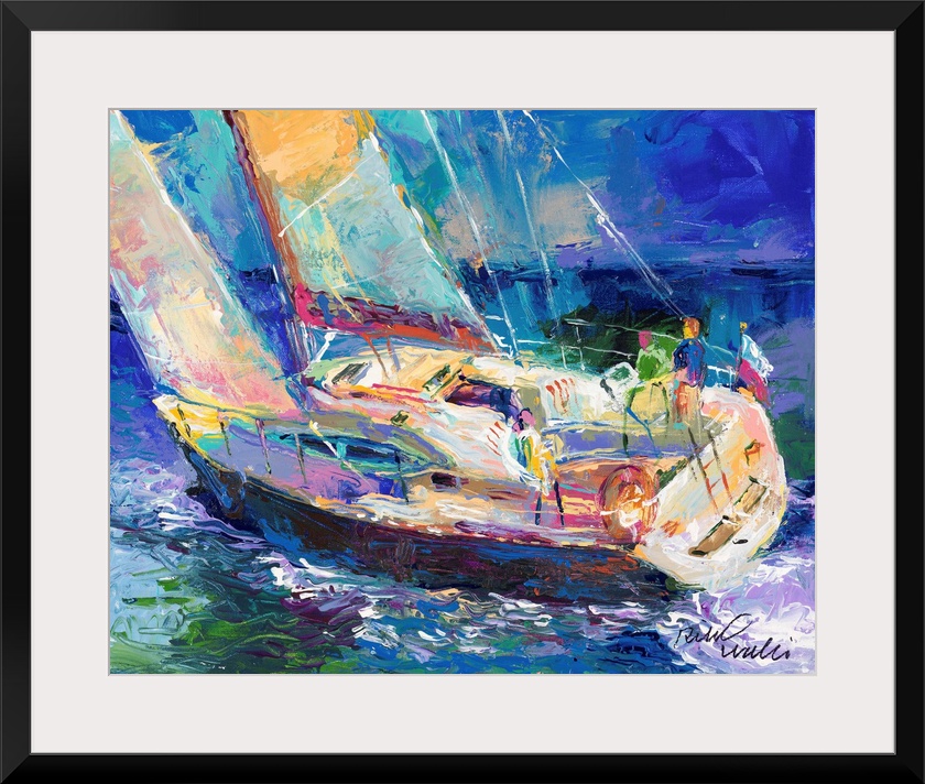 Colorful abstract painting of a sailboat in the ocean.