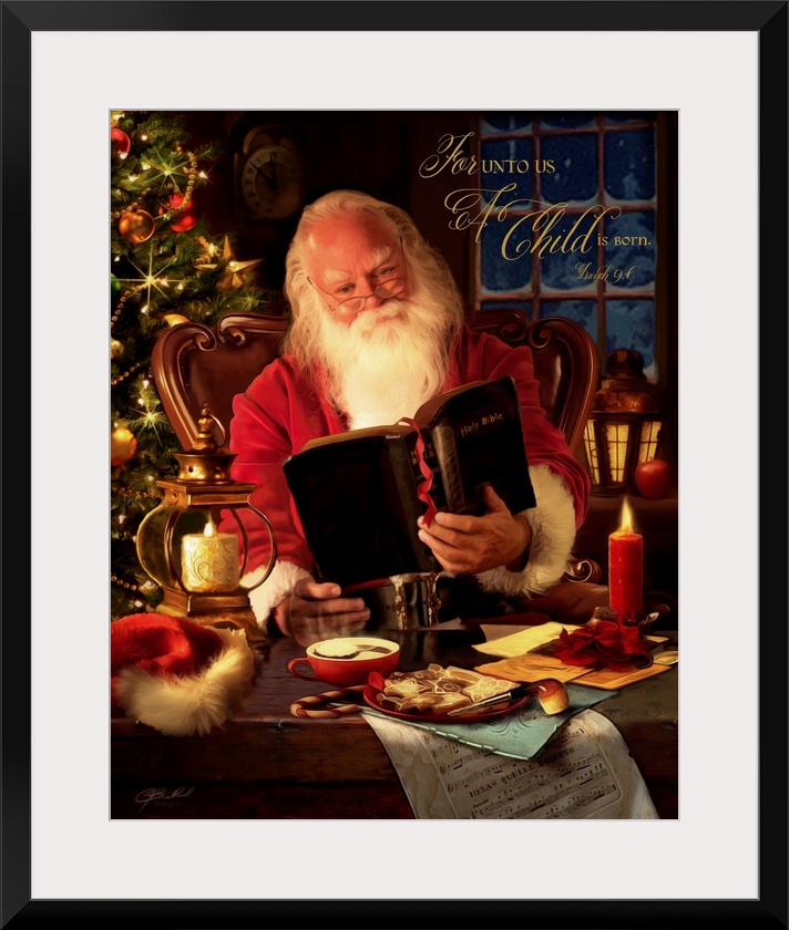 A warm and traditional portrait of Father Christmas sitting at a desk and reading from a bible, with the verse 'For Unto U...