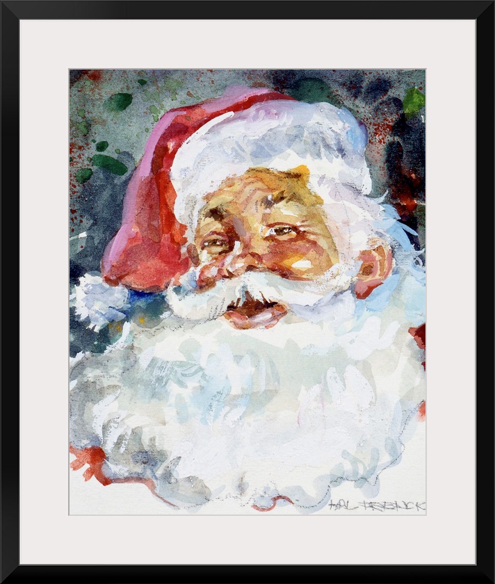 The face of Santa is painted largely with an abstract background behind him.